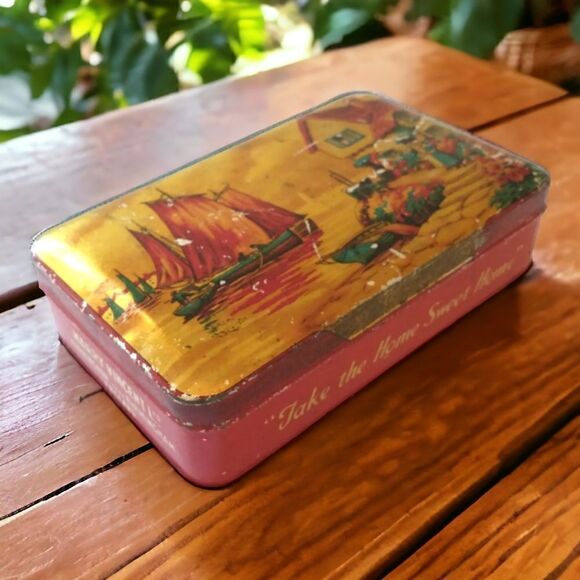 Blue Bird Toffee Tin Boat Village Design Hinged England Vtg Harry Vincent Candy. - Picture 1 of 16